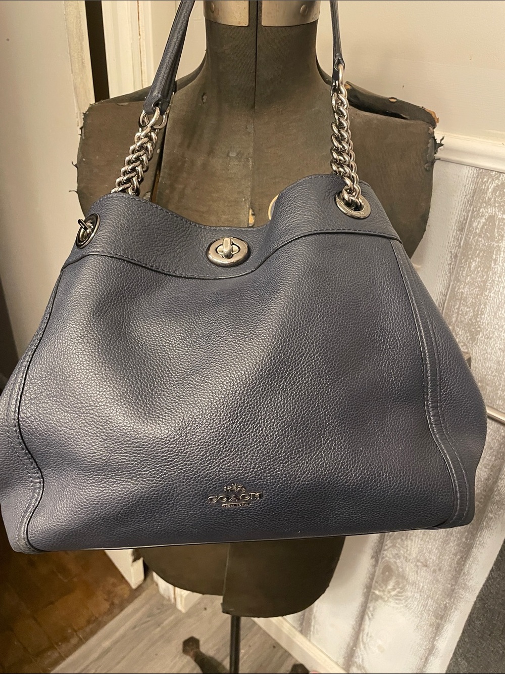 Coach Pebbled Leather Navy Shoulder Tote with Silver Chain-Strap Accents